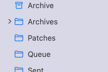 The Apple Mail sidebar with the Patches folder present