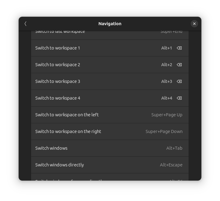 Screenshot of GNOME's keyboard shortcut GUI
