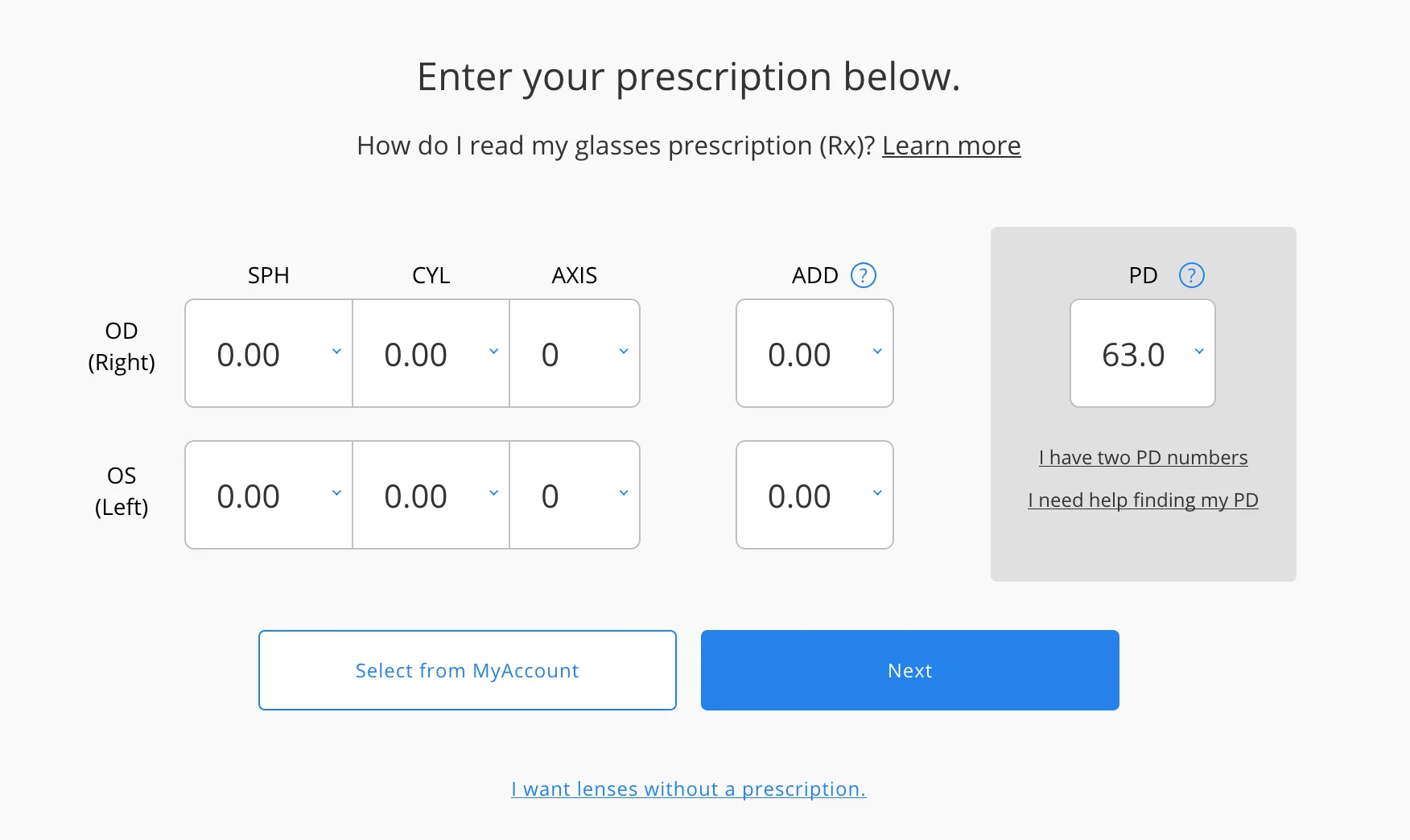 Default prescription UI